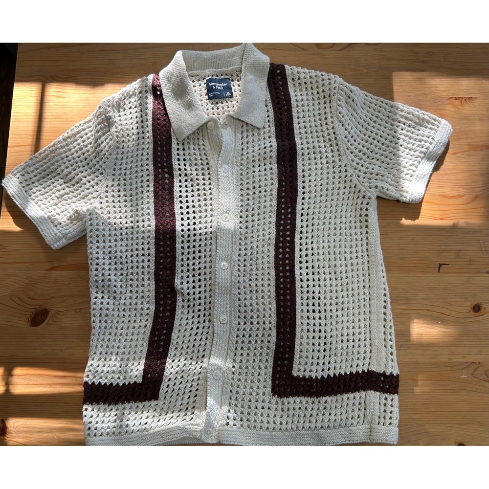Abercrombie & Fitch Men M Crochet Knit Short Sleeve Button Up Polo Shirt Beach